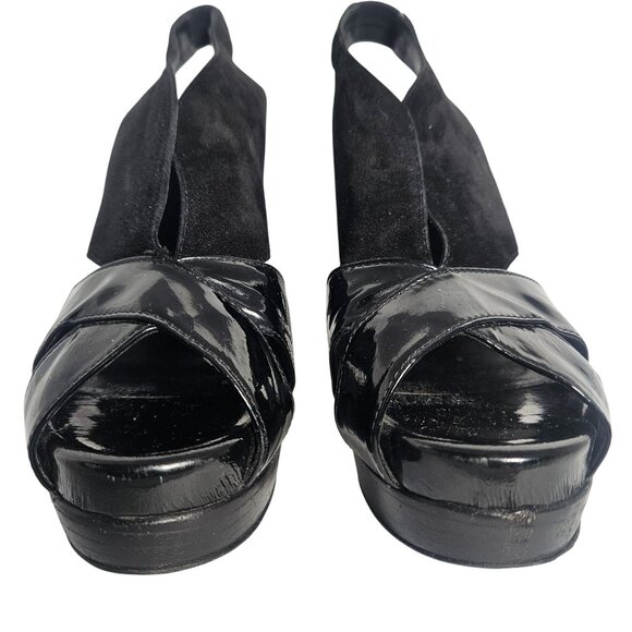Fendi Women Peep Toe Slingback Heels Black 38.5 Patent Suede Power Glam Flawed - Picture 6 of 15